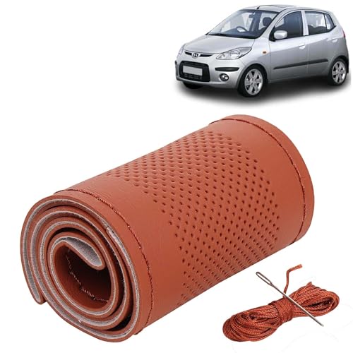 Image of KINGSWAY PU Leatherite Car Steering Cover Sewable Compatible with Hyundai I10 (Year 2007-2010), Tan Color with Tan Thread, Pack of 1 with Sewing Needle and Thread