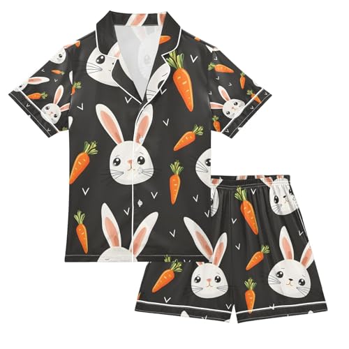 senya Face Rabbit Head Orange Satin Summer Pajama Sets Silk Short Sleeve Button Down Sleepwear