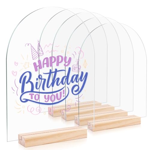 Image of Bercoor 5 Pack 8x10 Inch Blank Clear Arch Acrylic Sign with Wooden Stands, Arched Round Top Acrylic Sheet, Arch Table Numbers for DIY Name Card Gifts Event Party Sign Decoration