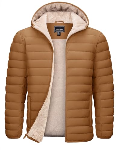 Image of TACVASEN Puffer Coat Men Sherpa Fleece Lined Warm Water Resistant Puffy Winter Jacket Mens with Hood for Travel Outdoors Hiking Light Brown S