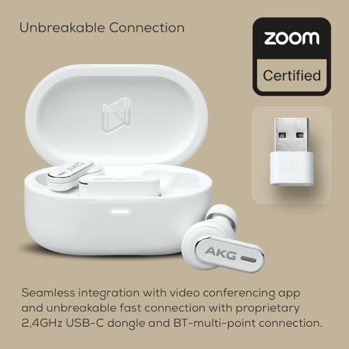 AKG N5 Hybrid TWS Casque – Son cristallin sans Fil, True Adaptive Noise Cancelling, Qualité d'appel certifiée Zoom, Autonomie de 40h, Protection IP54, Bluetooth, USB-C, Blanc