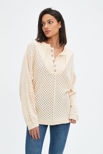 Image of EZAPINE Women's Oversized Crochet Sweater Pullover Drawstring Long Sleeve Button Hollow Out Knit Crochet Top Blouses