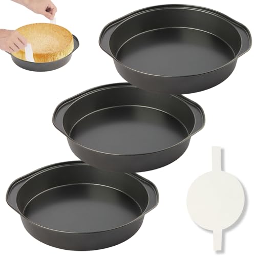 tutikuki 6 Inch Cake Pan - 3PCS Nonstick Round Cake Pans with 100 PCS Parchment Paper, Carbon Steel Smash Cake Baking Pans with Handle, Dishwasher Safe
