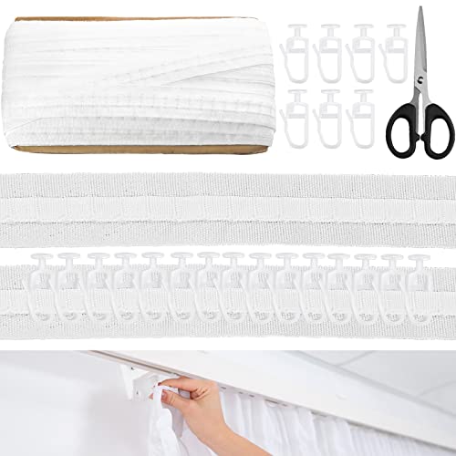 GZjiyu Gardinenband zum Aufnähen, 30m x 2.5cm Faltenband mit 100 STK Vorhanghaken für Meisten Arten von Fenstervorhängen Türvorhängen Duschvorhängen wie Cover