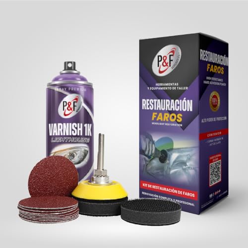 AEROSOLES P&F KIT RESTAURAR FAROS - Spray barniz 1K - Laca, restaura y protege de los rayos UV. Adherencia en policarbonato. Alto brillo. VARNISH CAR HEADLIGHTS MILTISUPERFICIE. 400 ml