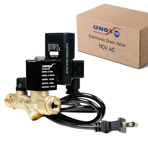 UNOX Electronic Drain Valve for Air Compressor, 1/2" NPT to 1/4" NPT 110/120V AC Automatic Timed Tank Drain Valve with 6 feet US Plug Cable - Max 235 PSI Solenoid Valve Assembled by UNOX - Used condition - US$83.52