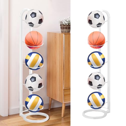 GZCZCC Portapalle per Calcio a 5 Livelli, Rastrelliera da Basket Verticale, Supporto per Palloni da Calcio in Metallo, Porta Pallone Basket, Scaffale Stoccaggio Attrezzature Sportive - Bianco