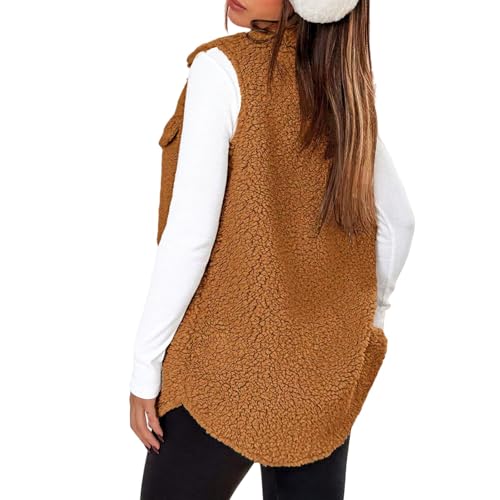 Womens Sleeveless Sherpa Coat Lapel Button Down Fleece Sweater Fuzzy Plush Vest with Pockets Fall Winter2