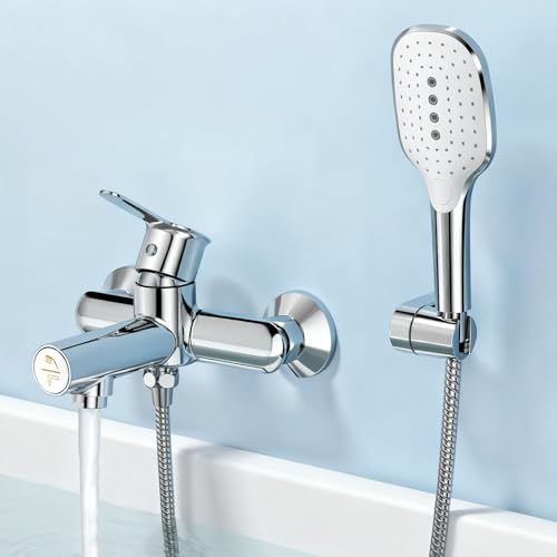 KULACO Badewannenarmatur mit Handbrause, Wasserhahn Badewanne mit Druckschalter, Einhand Armatur Badewanne aus Messing, Chrom Wannenarmatur mit 3 Funktionen, Mischbatterie Dusche Duscharmatur für Bad