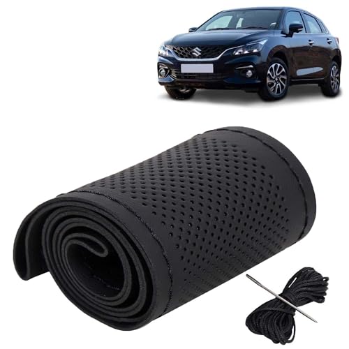 Image of KINGSWAY PU Leatherite Car Steering Cover Sewable Compatible with Maruti Suzuki Baleno (Year 2022 Onwards), Black Color with Black Thread, Pack of 1 with Sewing Needle and Thread