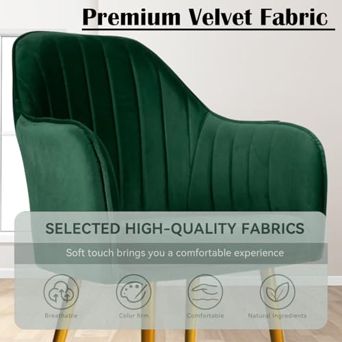 Image of Velvet Accent Chair | Luxury Upholstered Armchair with Sturdy Metal Legs | Modern Comfortable Chair for Living Room, Bedroom, Office, or Cafe (Golden Legs, Green)