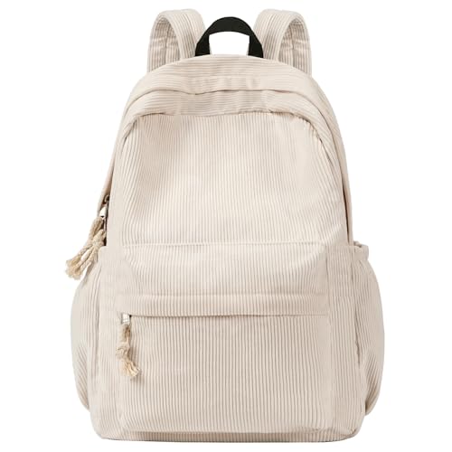 Unineovo School Backpack for Teens Girls, Corduroy Bookbag with 6X Cute Pin Accessories, Lightweight High School College Laptop Bags for Women Travel Daypacks (Beige)