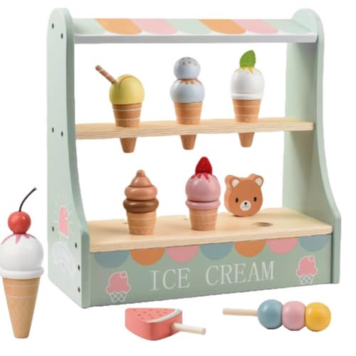 Wooden Ice Cream Shop Playset for Kids – Montessori-Inspired Pretend Dessert Stand with Cones, Scoops & Accessories – Premium Wooden Toy for Toddler Learning & Imaginative Play