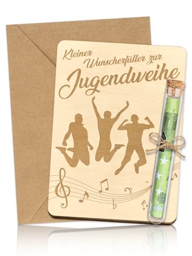 Geldgeschenk Jugendweihe - 15 x 11 cm Geschenk für Mädchen Jungen Geld Geschenkverpackung Holz Karte Geschenkideen Wunscherfüller Jugendweihe Deko
