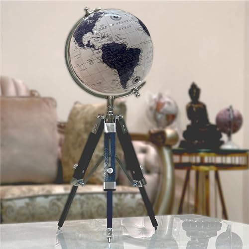Educational and Antique Blue Wooden Tripod for Home Decor World Globe up to date map, Office Decor, Gift Item, Showpiece -Dia-8 Inch, Chrome Plating