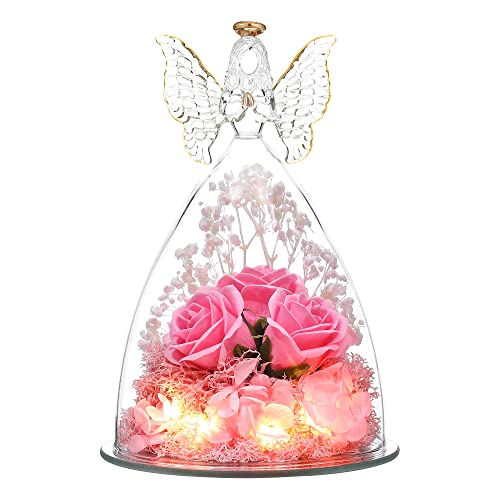 Mothers Day Flower Gifts for Her, Glass Angel Figurine with Three Roses Gifts, Preserved Forever Real Rose Gifts for…