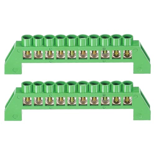2 piezas de barra de puesta a tierra de terminal de 10 posiciones, bloque de barra de autobús de terminal de tornillo de alambre de latón, tira de puesta a tierra con carcasa verde para distribución