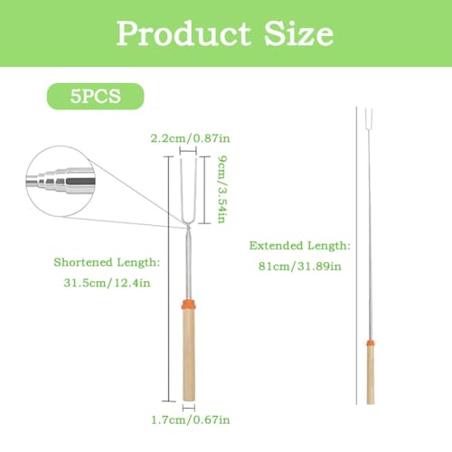 5 Pack Marshmallow Toasting Forks, Stainless Steel Telescoping BBQ Forks with Wooden Handle for Bonfire and Camping - Image 3