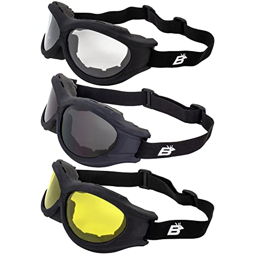 Birdz Eyewear Buzzard Motorcycle Goggles Fit Over Glasses 3 Pairs Black Frames with Clear Smoke Yellow Lenses plus Storage Pouches