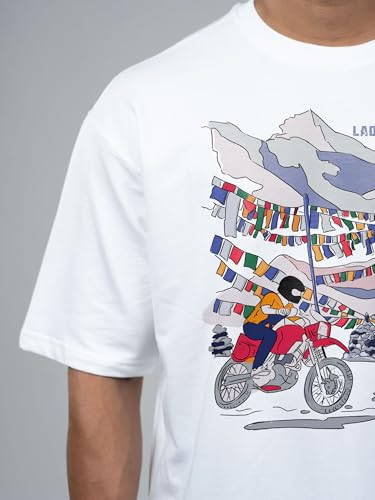 Image of T-Shirt for Men - 100% Cotton Ladakh Motorcycle Rider Half Sleeve Round Neck Graphic Print | Regular & Oversized Fit | 180 /220 GSM | S-5XL | Black, Navy Blue, Olive, Red, White