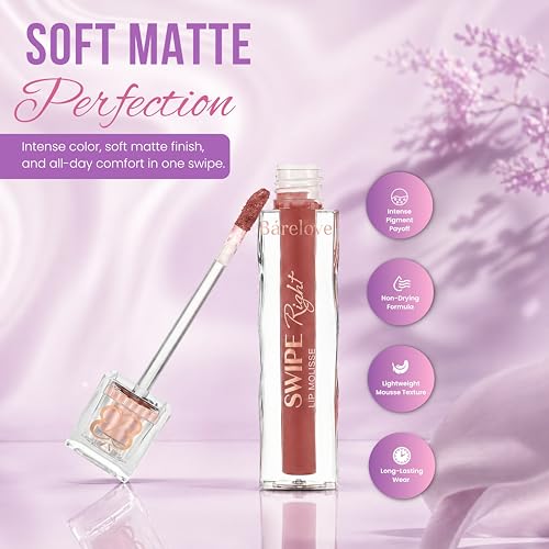 Image of BARELOVE Swipe Right Non-Transfer Matte Liquid Lipstick | Up to 12-Hour Long-Lasting | 6 ml | Quick-Dry, Lightweight, One-Swipe High Pigmentation | Transfer Proof Lip Colour for Women - Cherry Luxe