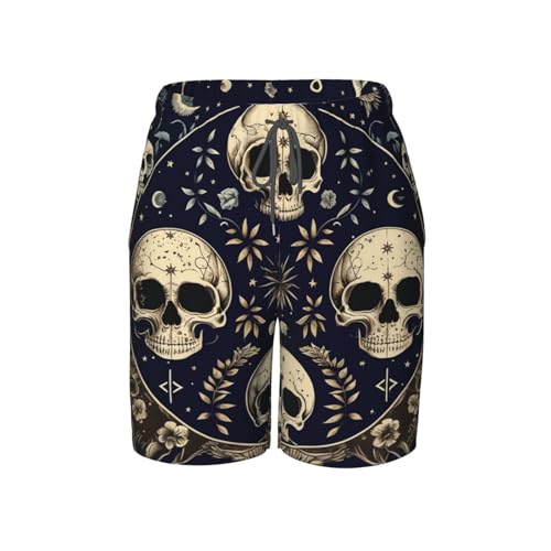 HERRECX Abstract Skull Moon Phases Mystic Vintage Boys Swim Trunks Swim Board for Teen Kid Shorts Surf Swimming Beach Trunks X-Large Black