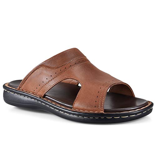 FIEEIF Men's Leather Slides Open Toe Outdoor Slippers Comfort Arch Support Retro Casual Flip Flops Summer Fisherman Slip On Sandals for Men2