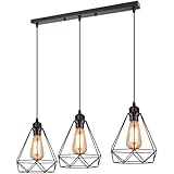 iDEGU Lámparas Colgante Vintage 3 Luces, Lámparas de Techo Industrial Metal Iluminación de Techo E27 en Estilo Jaula Geométrica, Negro, 20cm (3 Luces Barra)