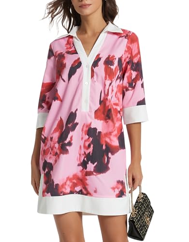 Image of Kedera Women Button Shirt Dress V Neck Short Sleeves Summer Casual Work Shift Tunic Dress with Pockets
