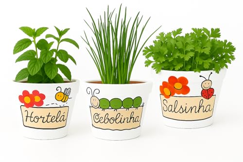 Kit 3 Vasos de Barro Decorados para Condimentos – Cebolinha, Salsinha e Hortelã