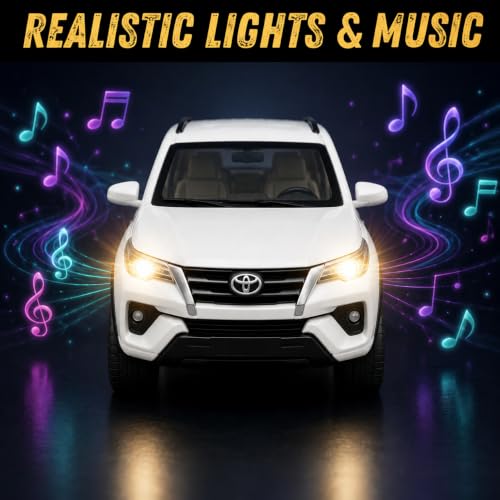 Image of 1:32 Scale Fortuner Die Cast Pull Back Toy Car for Kids with Openable Doors Light and Sound Friction Powered Miniature Collectible Car Toy Gift for Children Realistic SUV Design (1:32 White Fortuner)