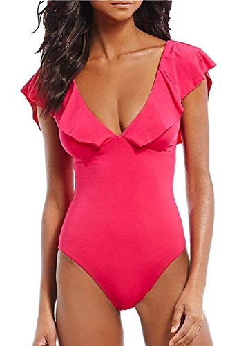 Women's Sexy V-Plunge One-Piece Swimsuit,Studio Solids Ruffle Sleeve Swimwear Bathing Suit
