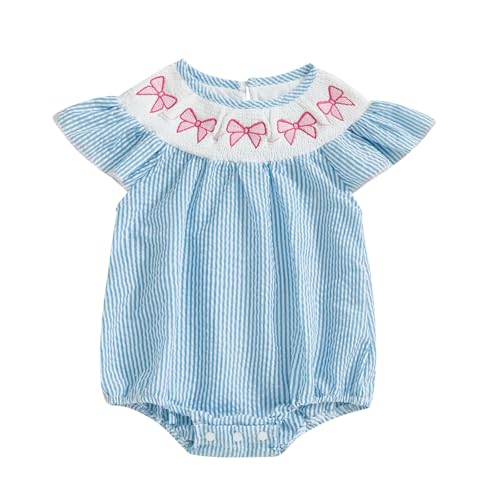 Image of Lamuusaa Newborn Baby Girl Clothes Short Sleeve Smocked Bow Print Embroidery Romper Stripe Bodysuit Summer Outfits 0-18M
