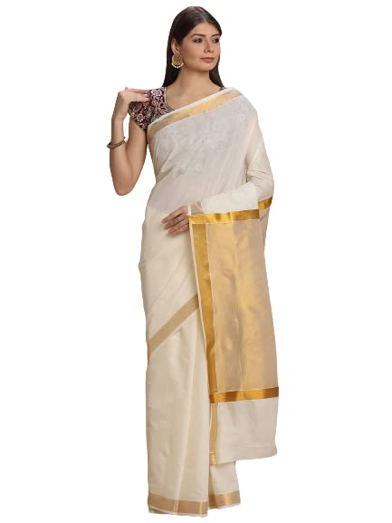 Pure Cotton Body Plain Pallu Tissue Kerala Kasavu Saree With Blouse Piece(Pack of 1)