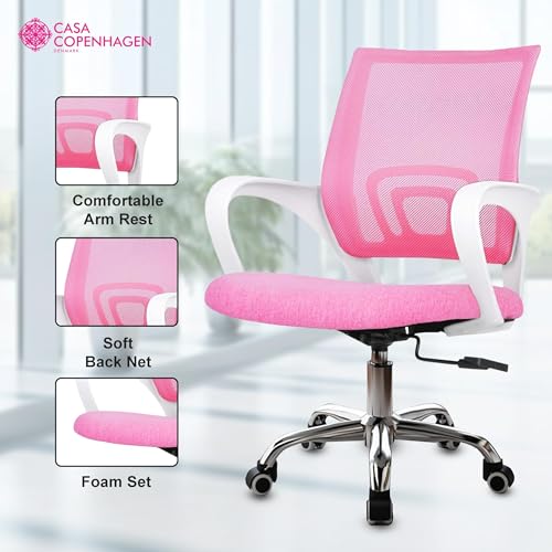 Image of Casa Copenhagen Mesh Mid Back Office /Study /Computer /Revolving /Desk Chair for Work from Home -Metal Base, Height Adjustable Seat - Pink & White Handle