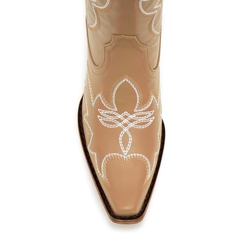 Image of Uillnoodu Women's Turquoise Cowgirl Boots - Wide Calf Mid Calf Western Boots Plus Size Embroidered Cowboy Style with Block Heel