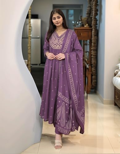 Image of ANNI Designer Women's Rayon Viscose Printed Embroidered Anarkali Kurta with Pant & Dupatta | Ethnic Kurti Set with Embroidery | Soft Comfortable Fabric | Stylish Outfit for Festive, Office