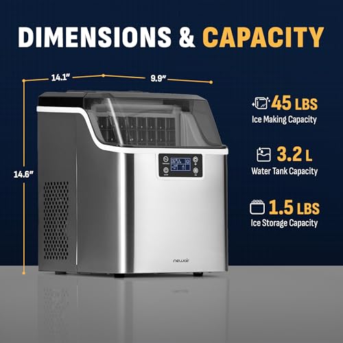 Newair Countertop Clear Ice Maker, 45lbs/Day Ice Cube Machine, Self-Cleaning Function and Custom Ice Thickness, Portable Ice Maker, 24H Timer, Ideal for Home Office and Outdoor Bar, Stainless Steel