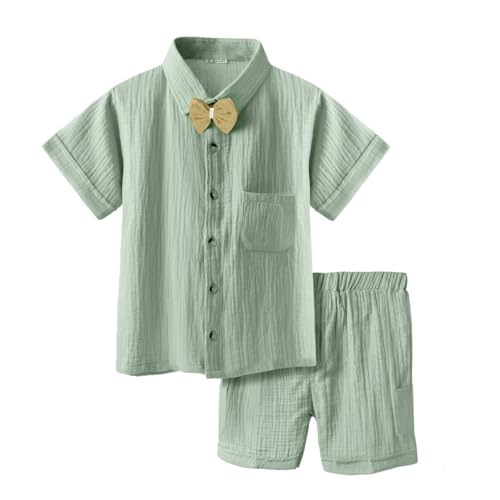 Image of Bold N Elegant Kids Linen Solid Shirt & Shorts Co-Ord Set|Stylish Party Short-Sleeve Shirt With Bow & Comfy Shorts|Cool & Comfortable Summer Wear