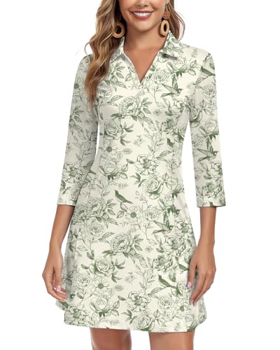 Image of WOWENY 3 /4 Sleeve Dress for Women with Pockets V Neck UPF 50+ Casual Sun Dress Breathable Quick Dry Beach Vacation