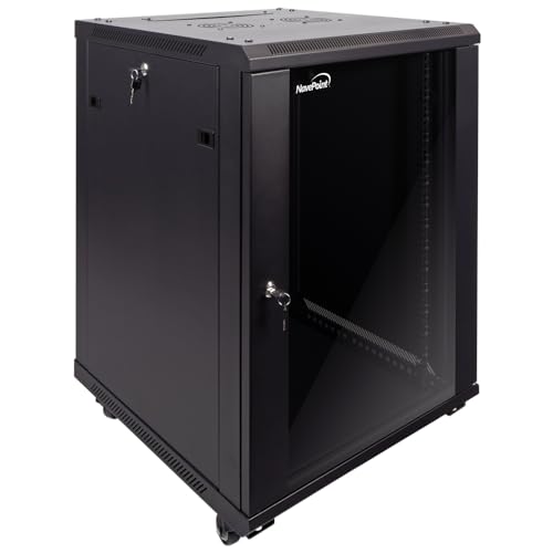 Image of NavePoint 15U Server Cabinet Wall Mount Rack Enclosure with Caster Wheels, 2 Fans, Locking Glass Door, Removable Side Panels - 15U Network Cabinet 23.6 inch Deep, 19 inch Server Rack for IT Equipment