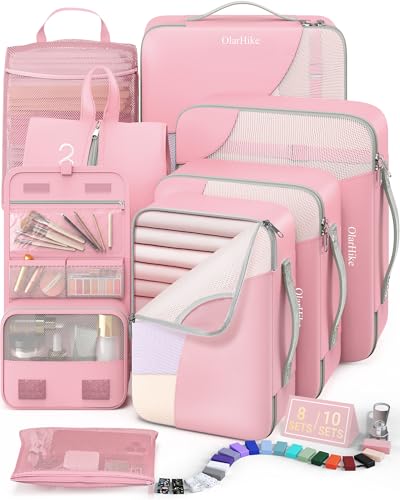 Image of 8 Set Packing Cubes for Travel, Gifts for Women Mom,Anti-Tearing Suitcase Organizer for Luggage with Shoe & Hanging Toiletry Bag,OlarHike Vacation Essentials & Accessories for Cruise Ship,Dream Pink