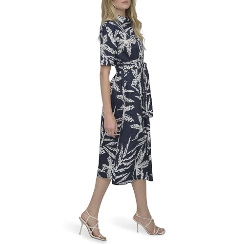 Image of DKNY Women's Short Sleeve Cotton Poplin Collared Midi Shirtdress