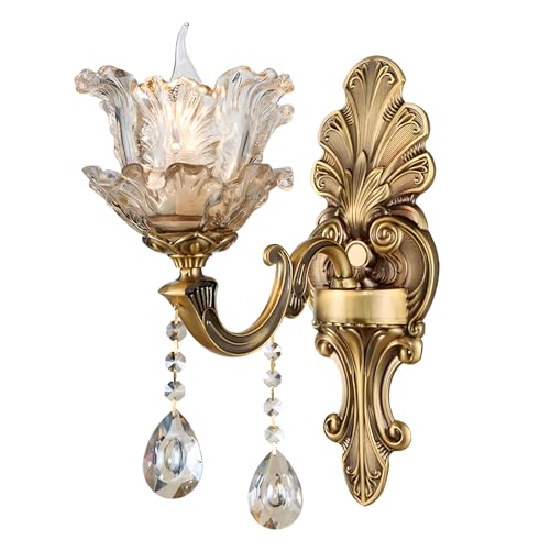 WayLuoung Lámpara Pared Floral Vintage, 1 Cabeza Pantalla Cristal Aplique Pared Luz Retro Color Bronce Dorado Decoración Lámpara Pared Metal Mesita Noche Sala Estar Restaurante(Base E14 Sin Bombilla)