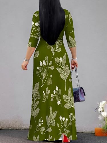 Image of Women's V Neck Floral Maxi Dress 3 /4 Sleeve Plus Size Boho Wrap Flowy Long Dresses with Belt