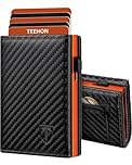 TEEHON Portafoglio Uomo Slim RFID Blocking, Magnetica Fibra di Carbonio Porta Carte di Credito Uomo - ID Window, Tasca Portamonete con Cerniera, Scomparto per Banconota (Classico, Nero Arancione)