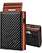 TEEHON Portafoglio Uomo Slim RFID Blocking, Magnetica Fibra di Carbonio Porta Carte di Credito Uomo - ID Window, Tasca Portamonete con Cerniera, Scomparto per Banconota (Classico, Nero Arancione)
