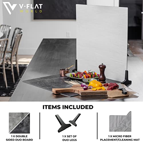 V-Flat World Duo Board Product Photography Backdrops - 2-Sided Background For Photography, Hyper-Realistic Item & Food Photography Background - Includes 2 Legs & Mat - 24" X 24", Grey Chalk/Dark Chalk #TOP1