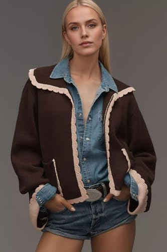 Women Scallop Collar Cardigan Sweaters Color Block Bell Sleeve Open Front Knit Cardigan Fall Sweater with Pockets2