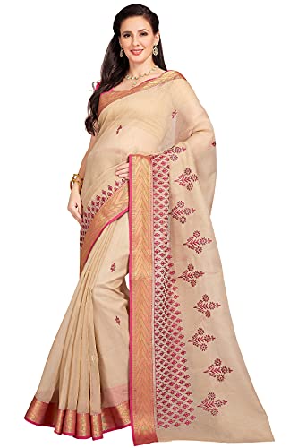 Image of RANI SAAHIBA Women's Poly Cotton Embroidered Saree With Blouse Piece (SKR7004 Beige-Magenta)
